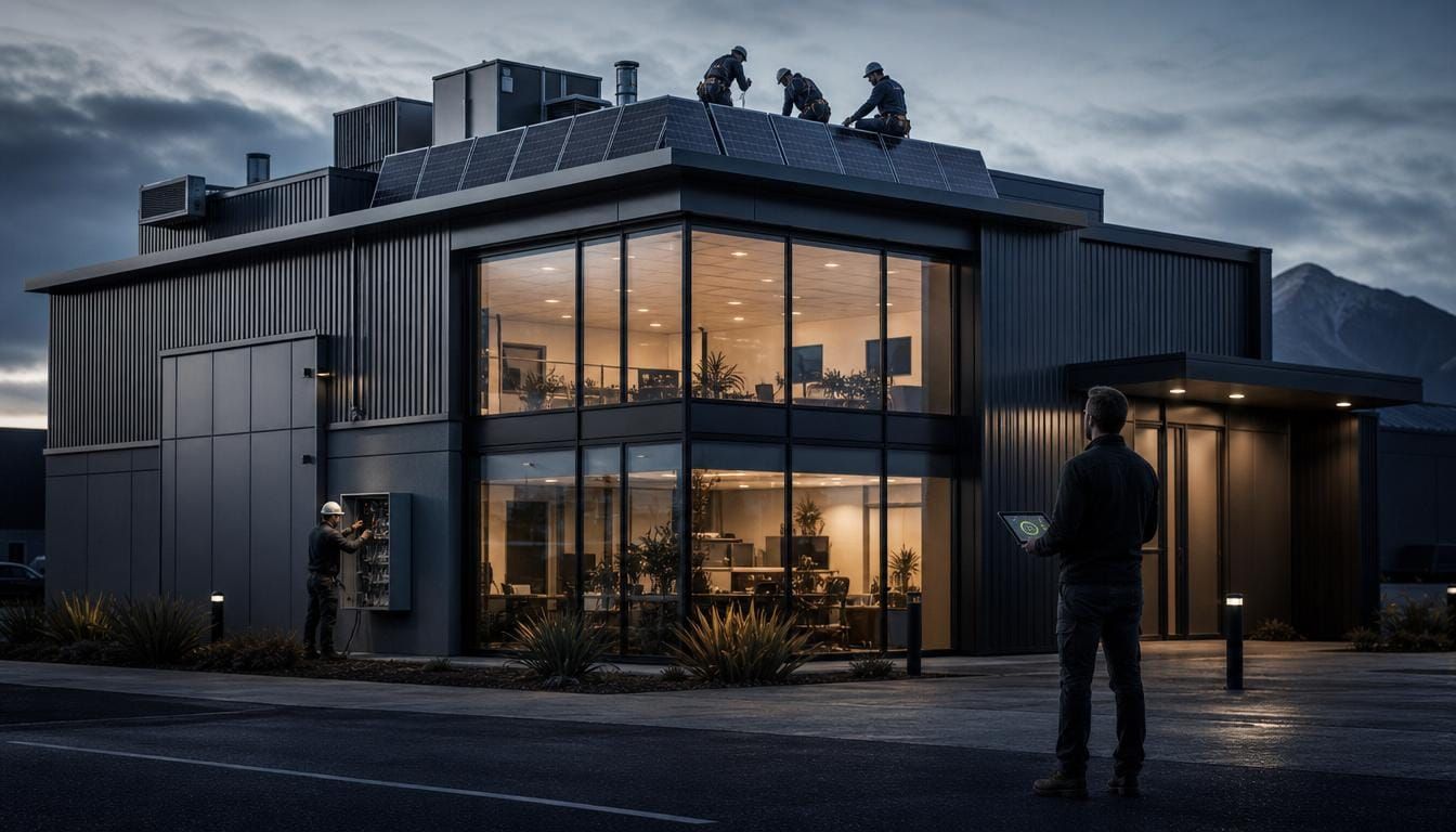 A single commercial building at dusk with several specialists contributing to it at once.