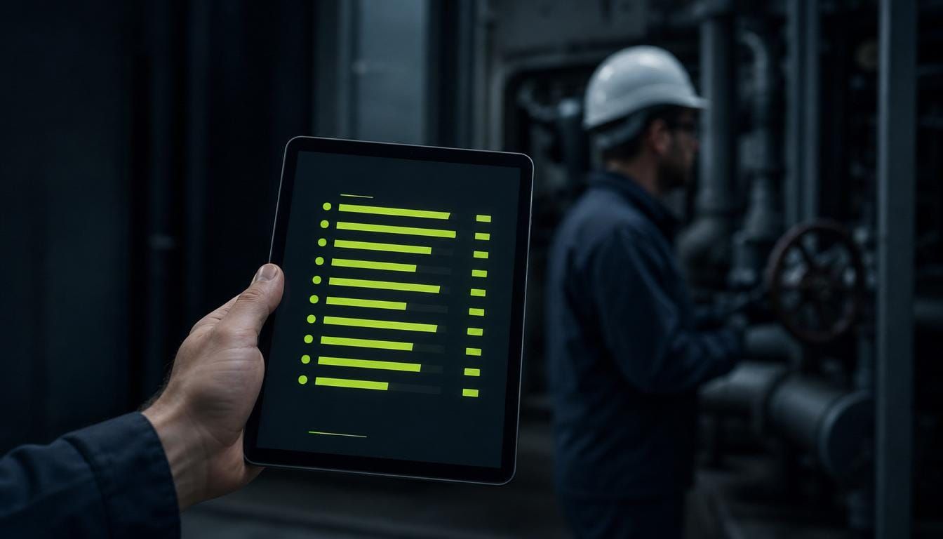 A tablet showing a ranked work list handed to a specialist technician in a building plant area.