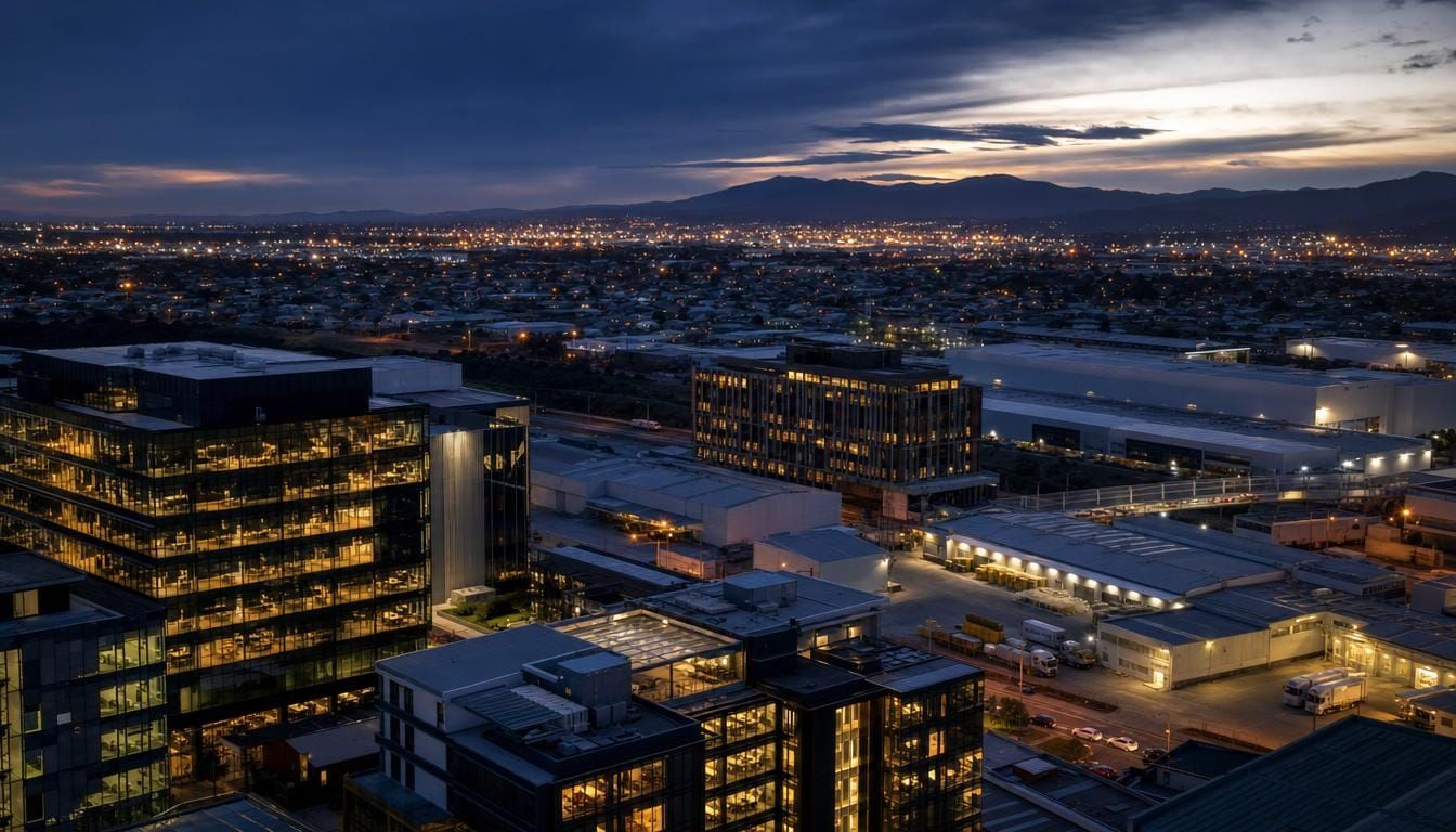 A New Zealand city at dusk spanning commercial towers, industrial buildings and housing.