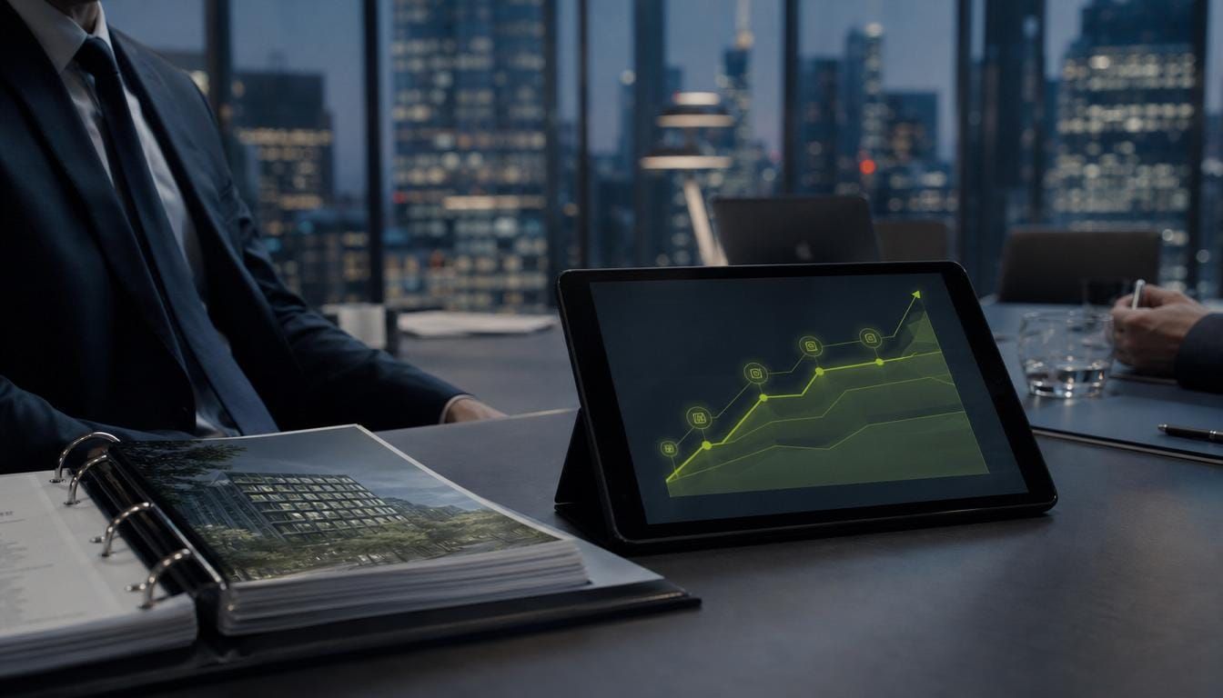 A lender boardroom with a building green-finance evidence pack and an asset-pathway chart.