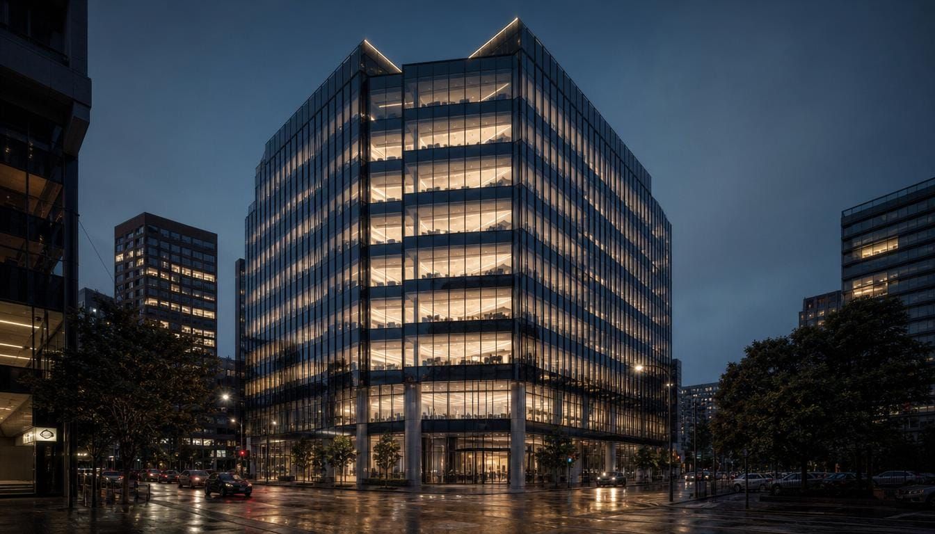 A premium A-grade commercial office tower in a New Zealand CBD at dusk.