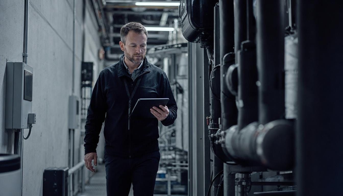 A facilities manager reviewing operations on a tablet in a commercial building.
