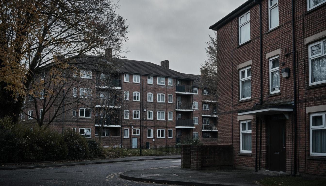 A UK social housing development of red-brick low-rise residential blocks.