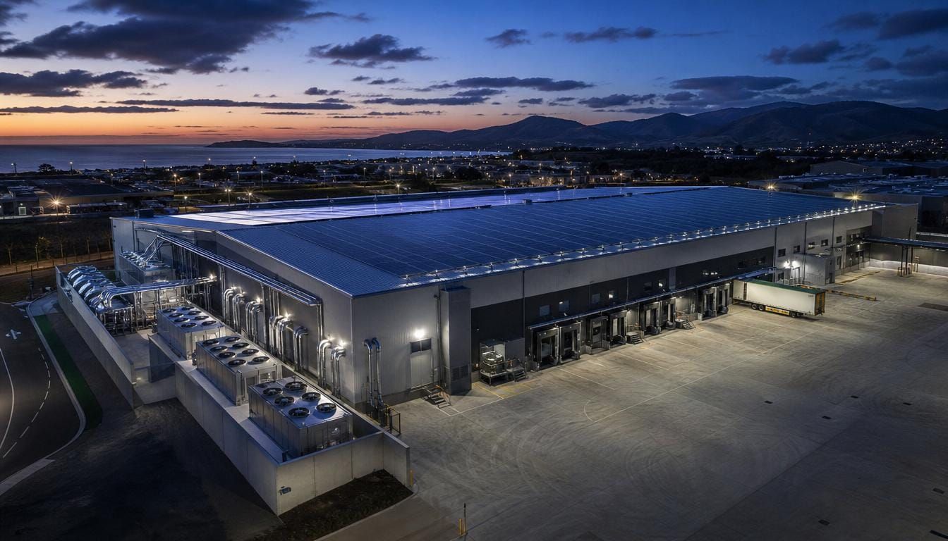 A modern New Zealand industrial facility with rooftop solar and refrigeration plant at dusk.