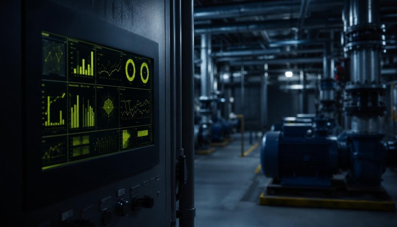 A plant room building-management panel showing an operations and energy readout.
