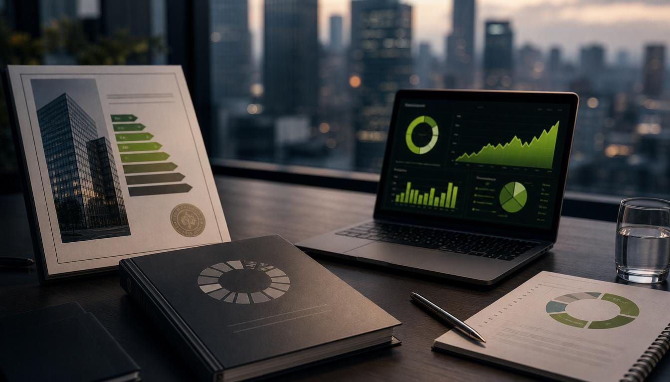 A building energy-rating plaque and an ESG performance dashboard on an investor desk at dusk.