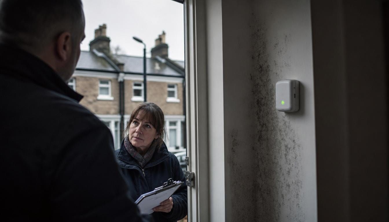 A building inspector at a UK home with a damp-and-mould sensor inside the doorway.