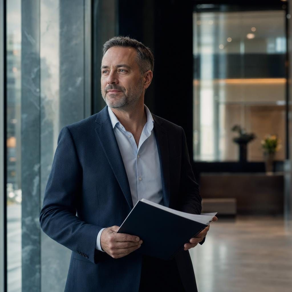 Asset director in a commercial building lobby, holding a printed performance plan.