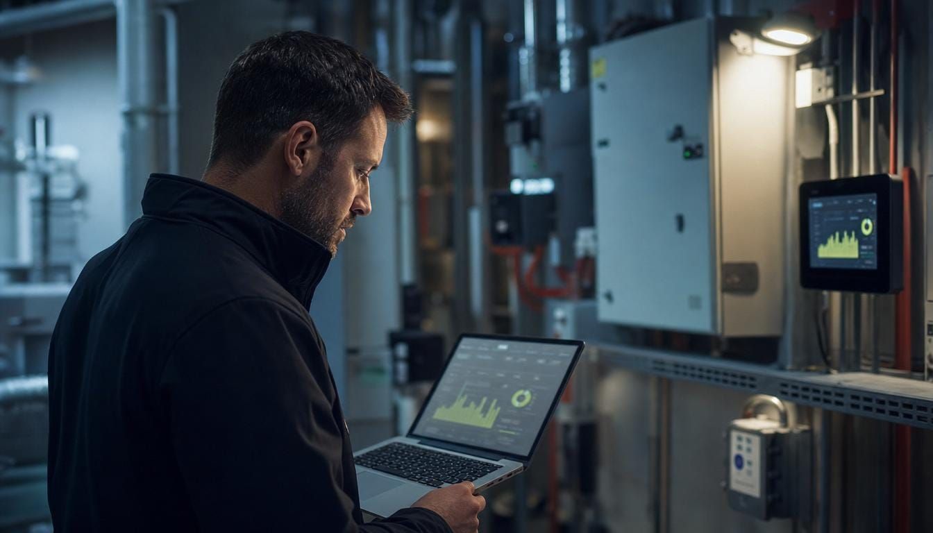 Engineer reading a building’s existing energy data in an Auckland office plant room.