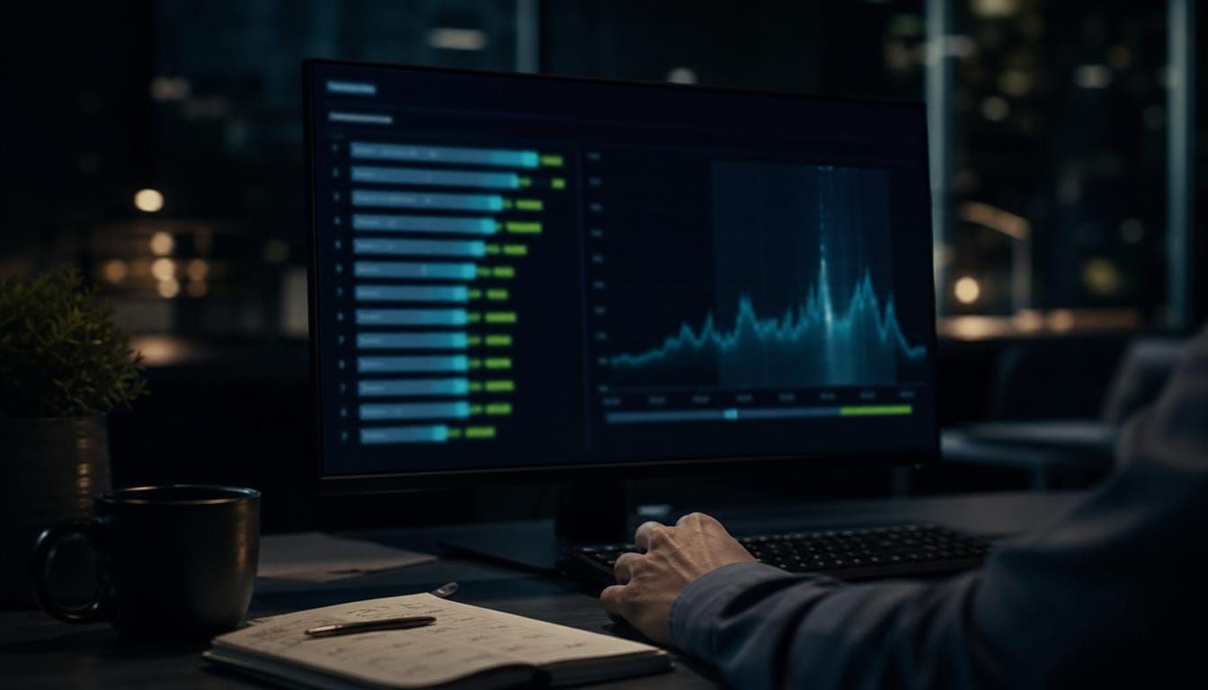 Analyst reviewing a ranked list of building energy opportunities on a monitor at night.