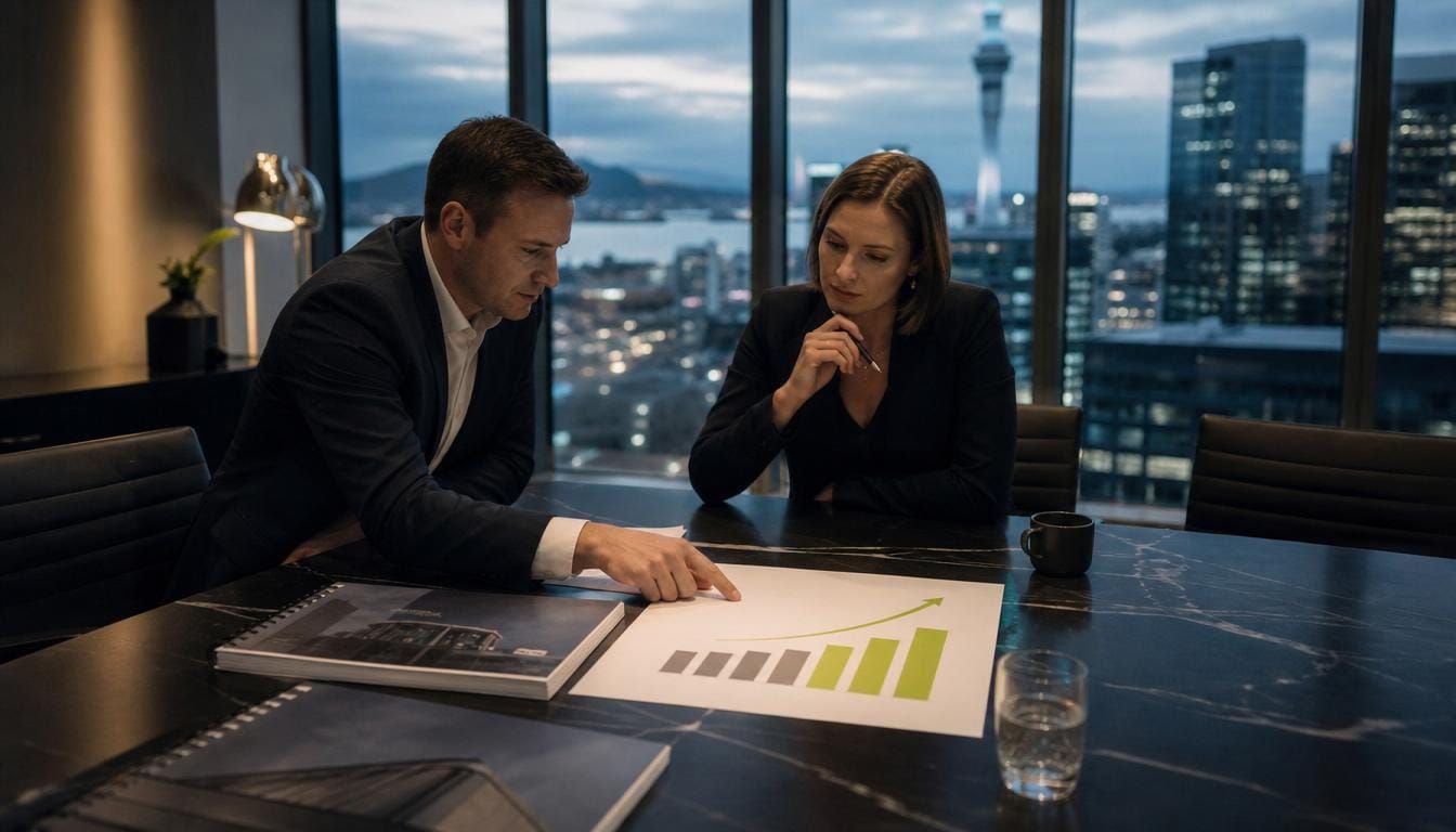 Professionals reviewing a building-performance evidence pack and rating uplift in a boardroom.