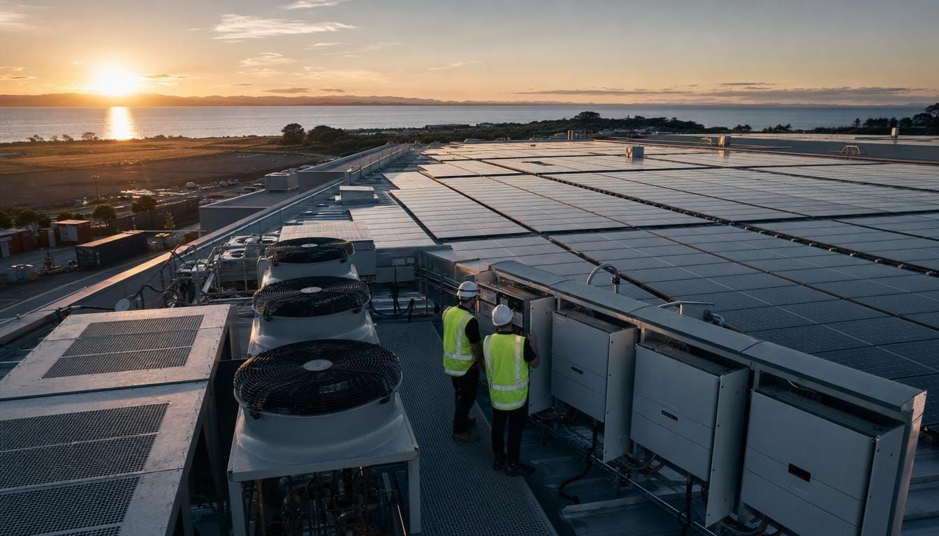 Technicians installing rooftop solar beside refrigeration plant on a commercial building.