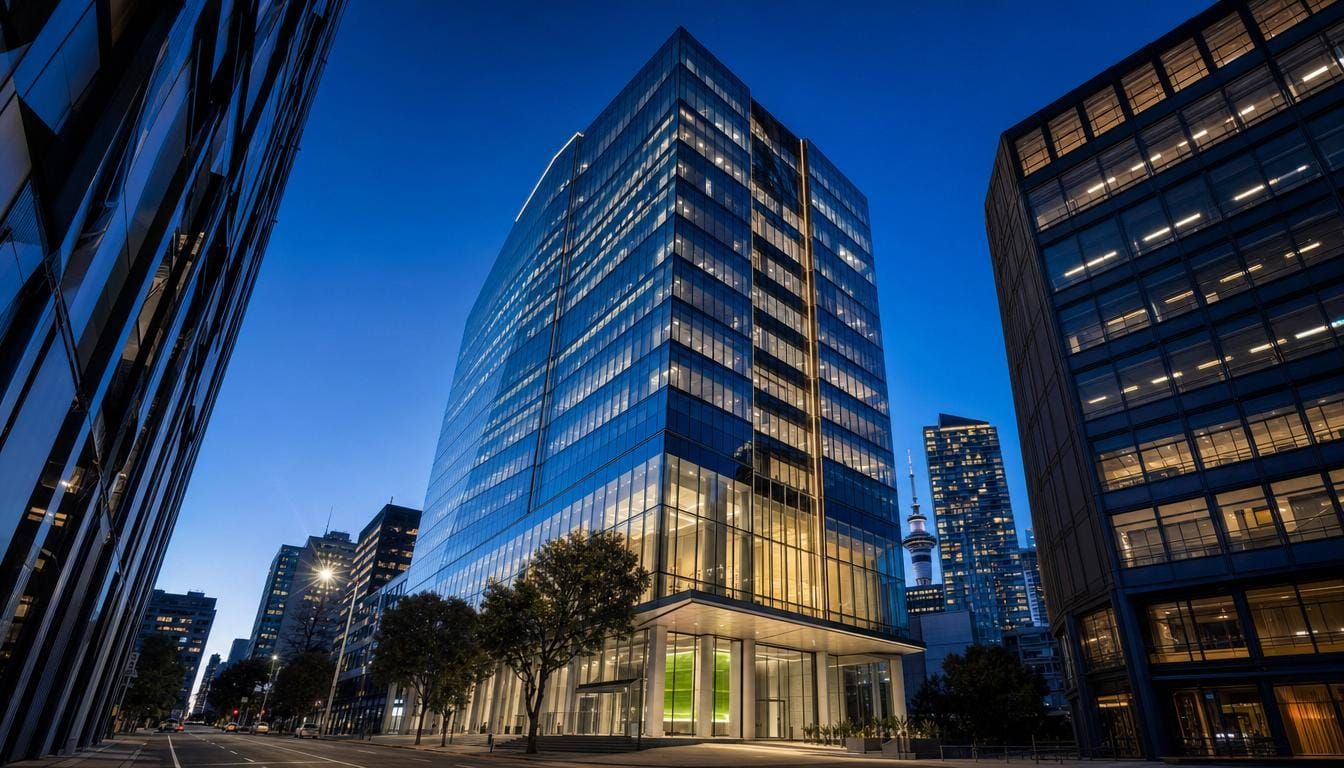 Gleaming Auckland CBD A-grade office tower at blue hour with lights on across the floors.