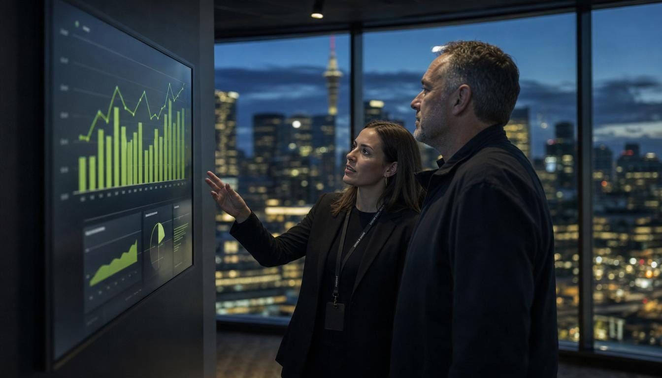 Tether advisor and a building owner reviewing a building performance plan on a wall display, Auckland skyline behind them at dusk.