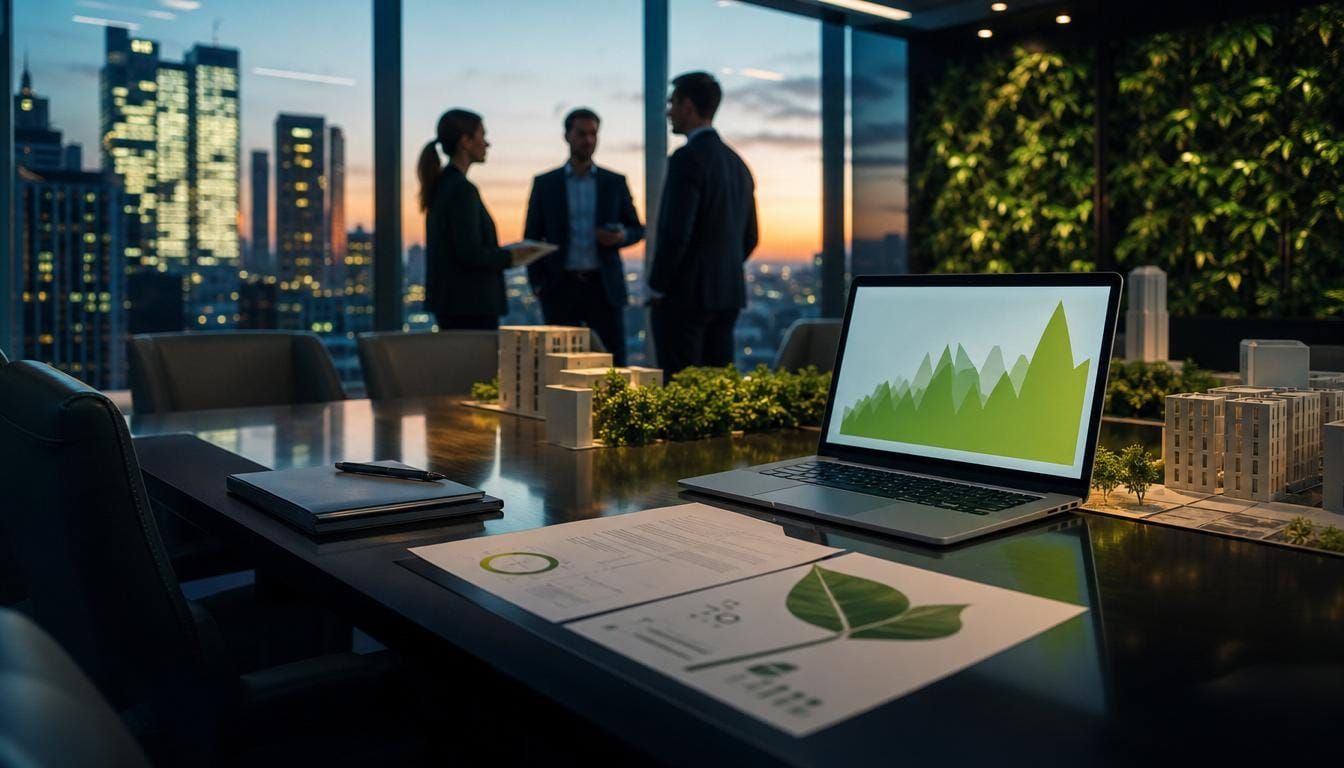 Sustainability-linked loan documents and a finance chart in a boardroom at dusk.
