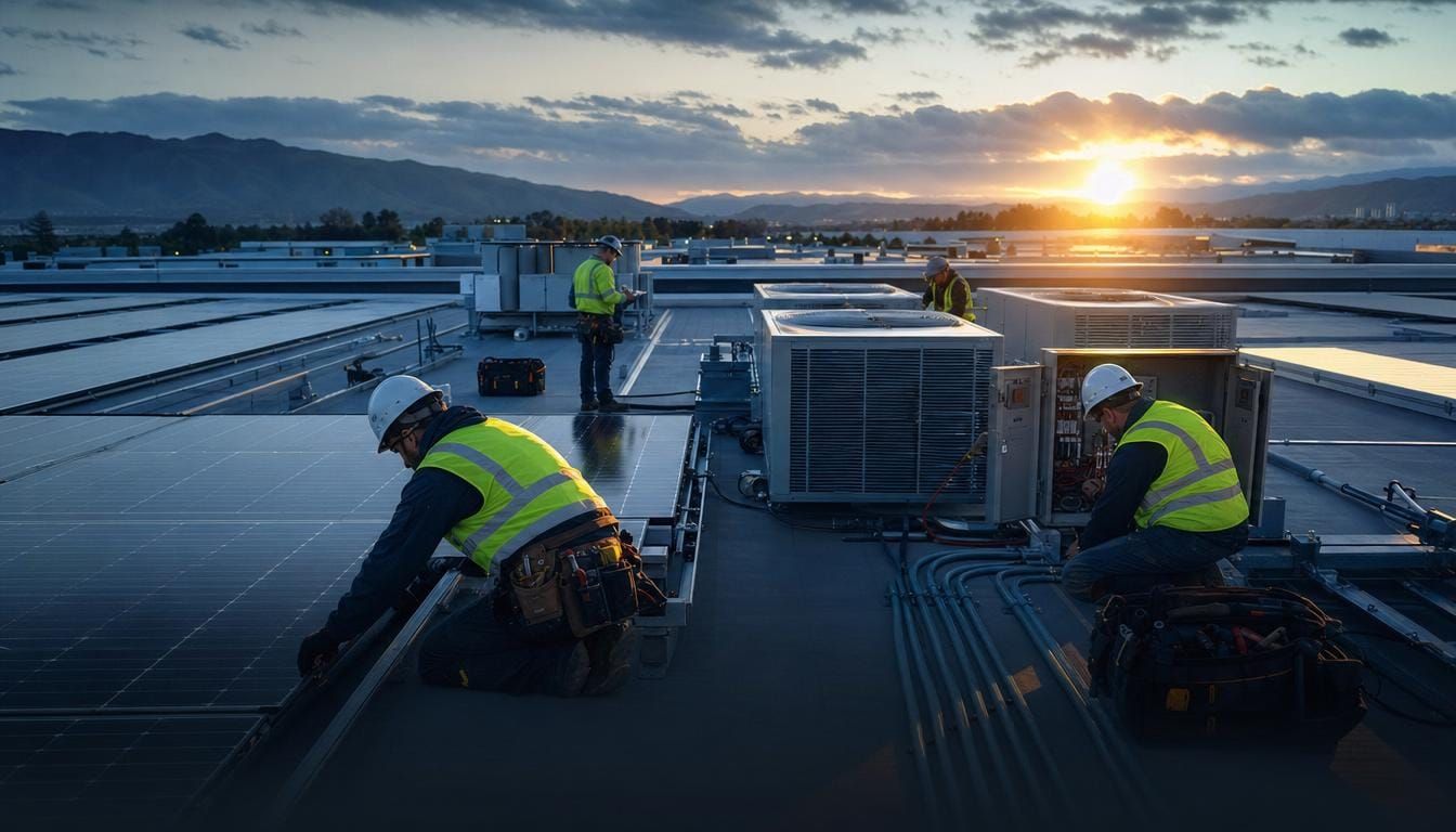 Engineers in hi-vis installing rooftop solar and HVAC plant on a commercial building.