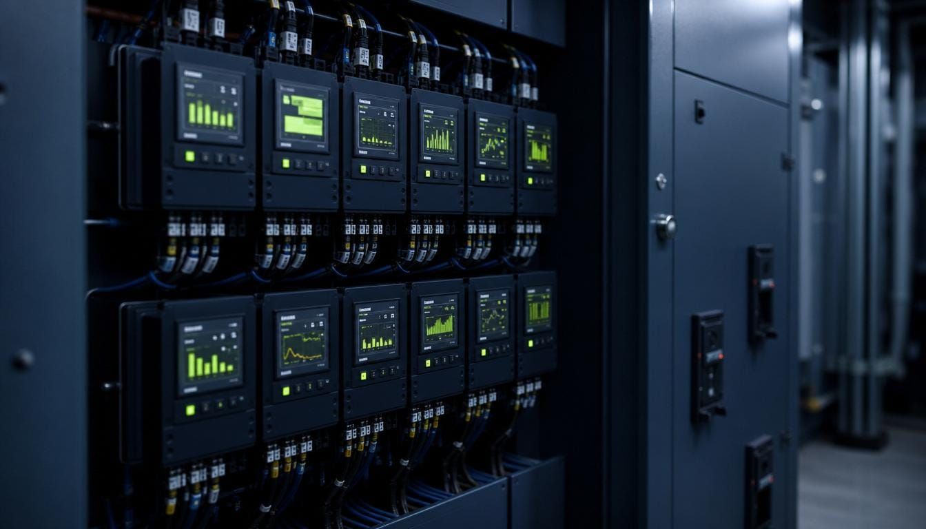 Bank of digital submeters and energy sensors in a commercial building services riser.