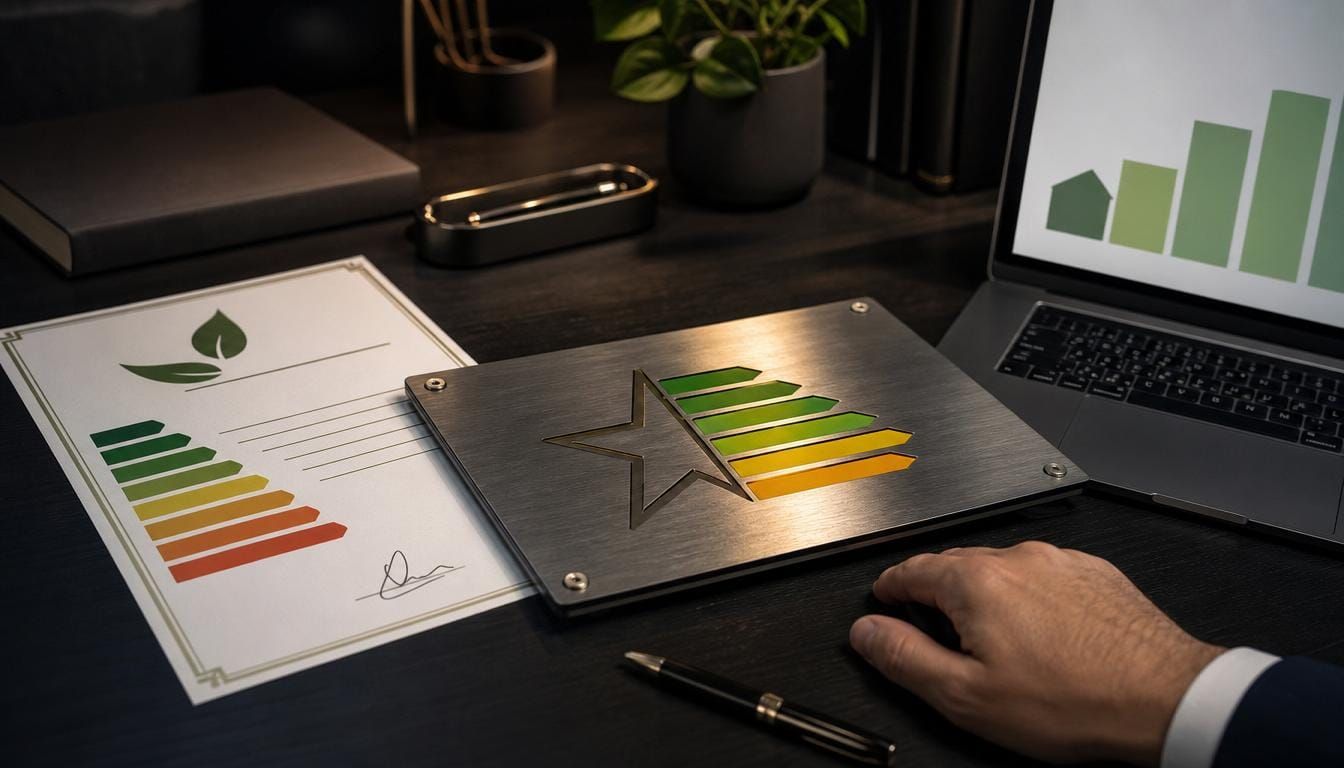 A signed rating record and a building rating plaque on a dark desk.