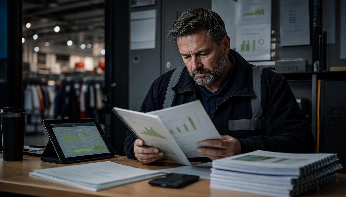 Facilities manager reviewing a bound monthly performance report on a tablet.