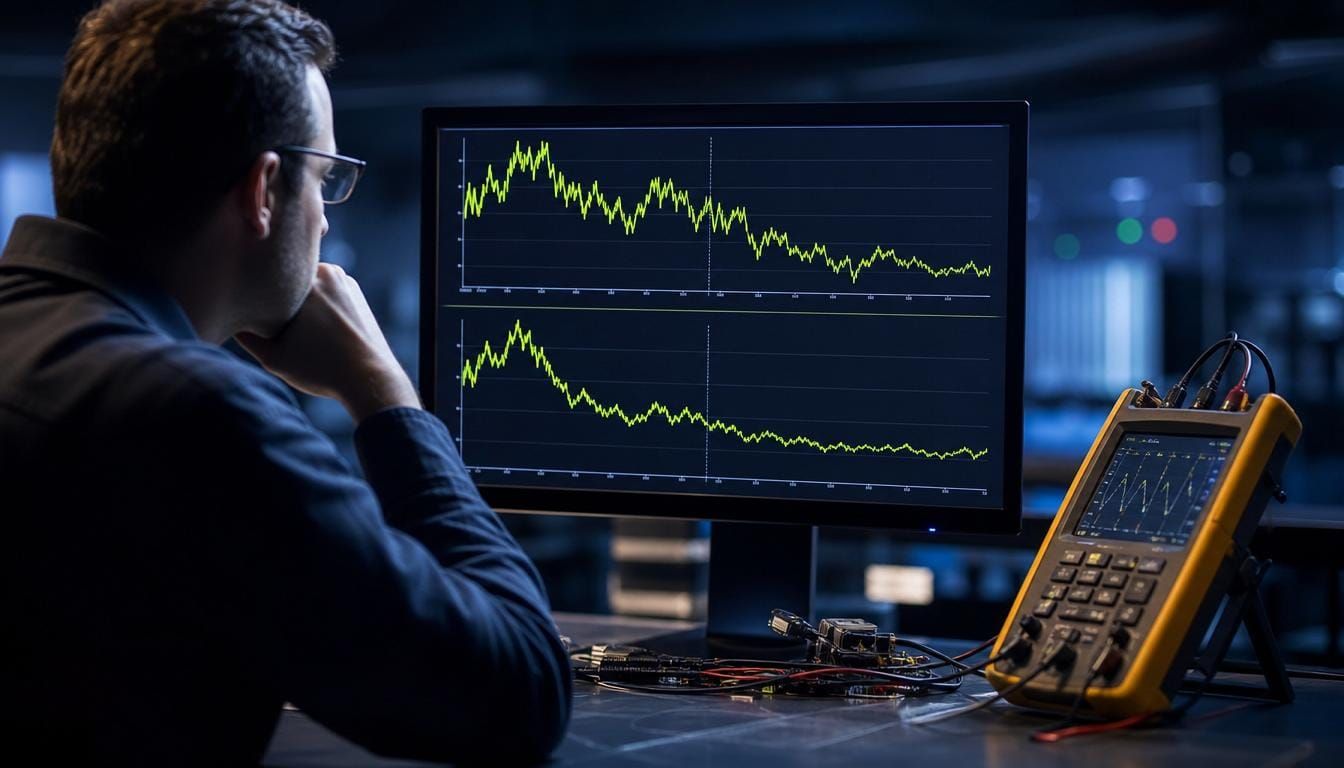 Verification engineer comparing before-and-after energy baselines on a screen.
