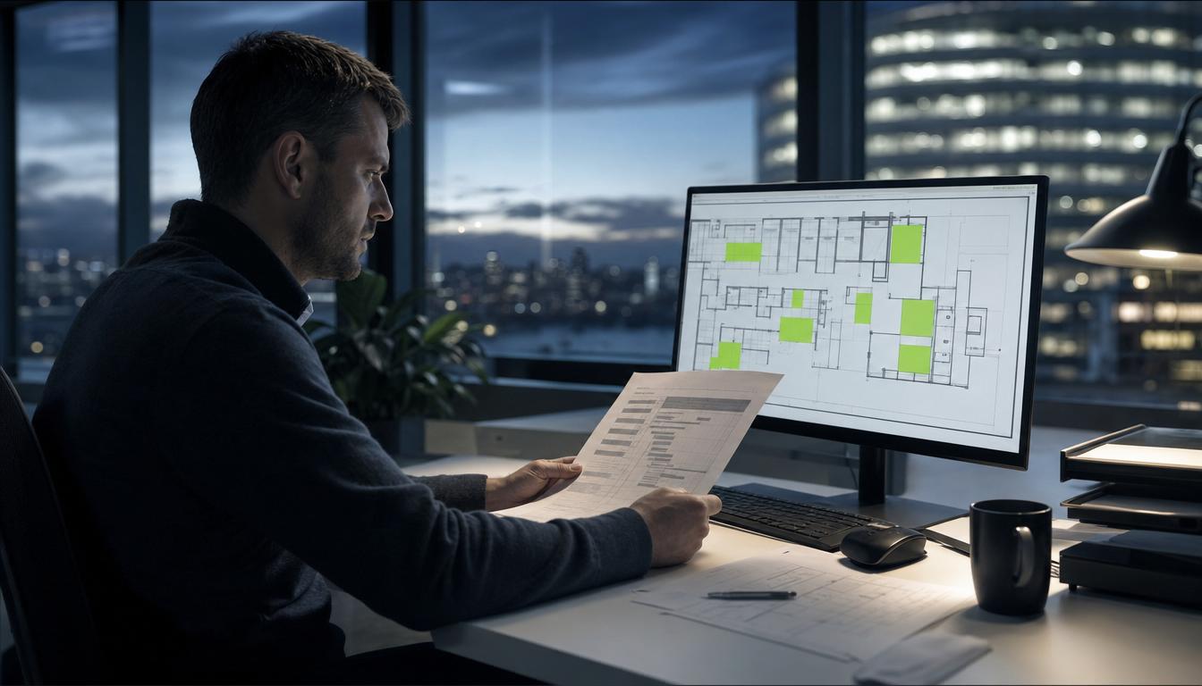 An asset manager planning a ranked sequence of works with a building floor-plan on screen.