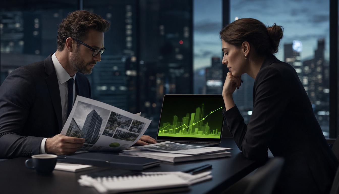 Two finance professionals reviewing a building green-finance evidence pack at a city-view desk.
