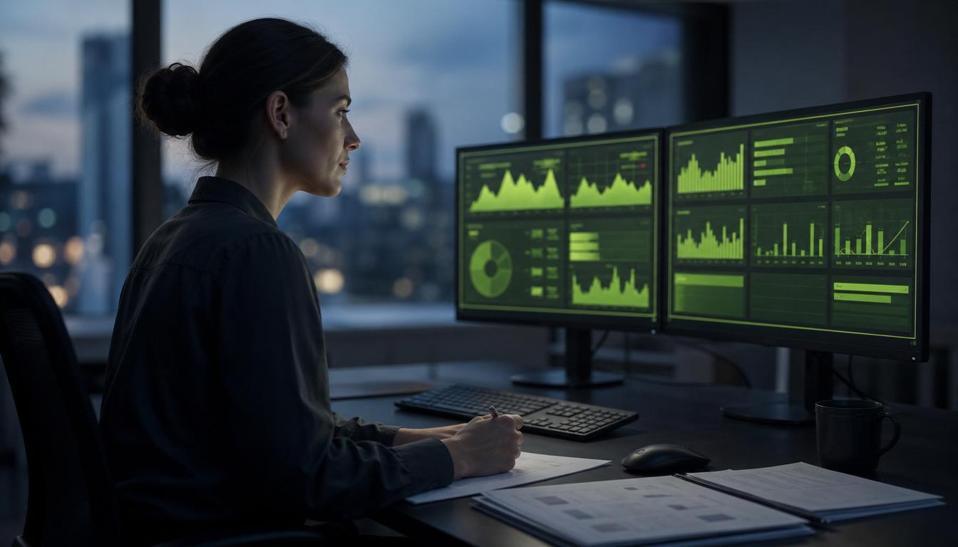 An ESG and reporting analyst reviewing energy and carbon dashboards across two monitors.
