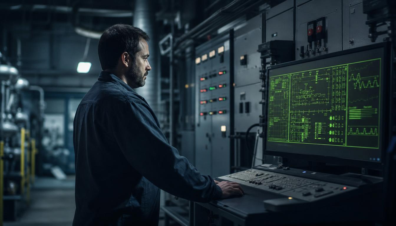 A building operations technician watching a building-management console in a plant and controls room.