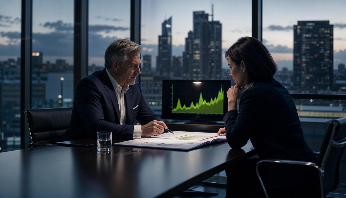 A building owner and investor reviewing performance evidence in a boardroom with a city skyline behind glass at dusk.