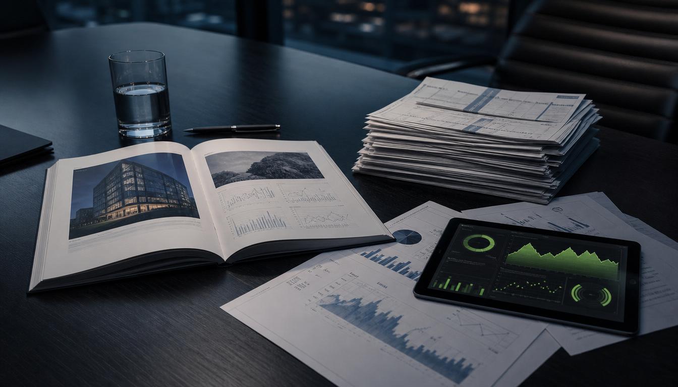 A printed Performance Plan open on a boardroom table beside utility bills, BMS trend charts, and a calm building dashboard.