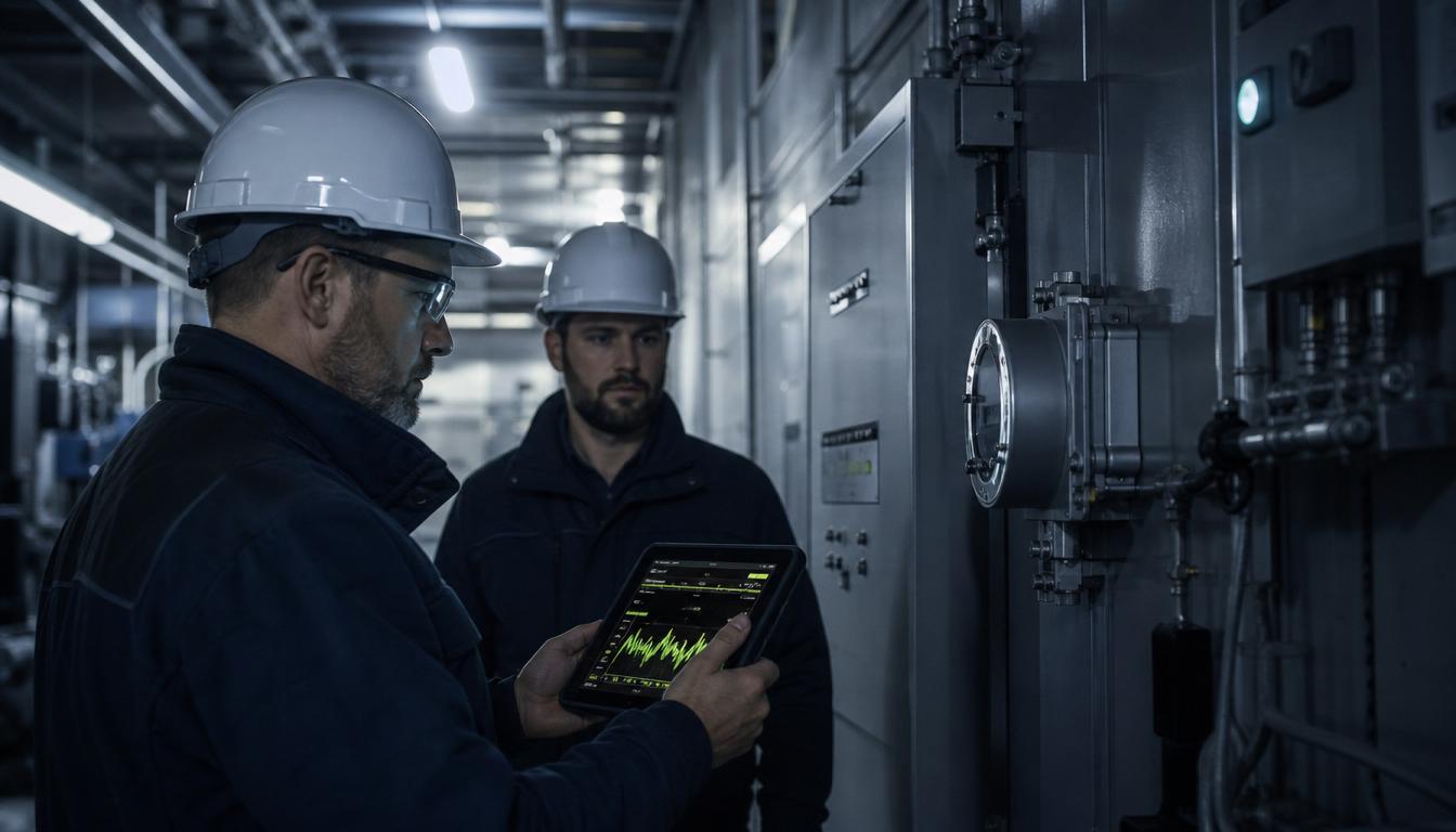A specialist capturing readings on a tablet at a meter and building-management cabinet during a site walk.
