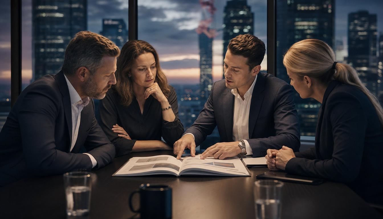 A specialist walking clients through a printed Performance Plan in a stakeholder review meeting.