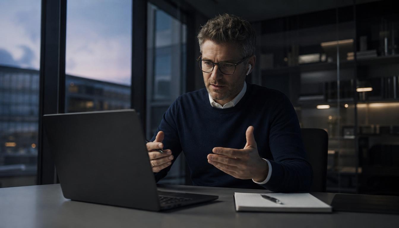 A building performance specialist on a focused scoping video call with a laptop and notepad.